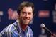 Former Philadelphia Phillies starting pitcher Cole Hamels takes questions from the media after being traded to the Texas Rangers prior to the first inning of a baseball game against the Atlanta Braves, Friday, July 31, 2015, in Philadelphia. (AP Photo/Chris Szagola)