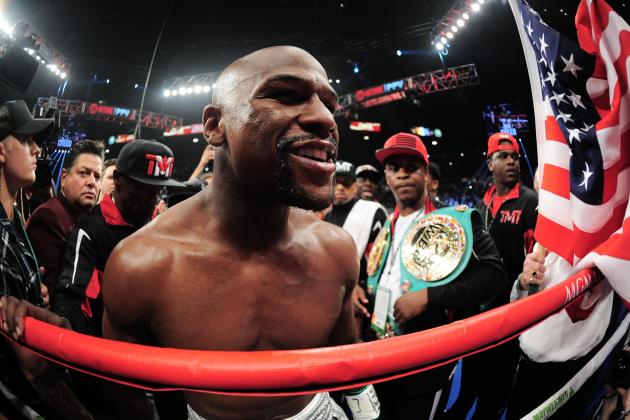 Sep 12, 2015; Las Vegas, NV, USA; Floyd Mayweather is introduced against Andre Berto (not pictured) for their WBA/WBC welterweight title bout at MGM Grand Garden Arena. Mayweather won via unanimous decision. Mandatory Credit: Joe Camporeale-USA TODAY Sports