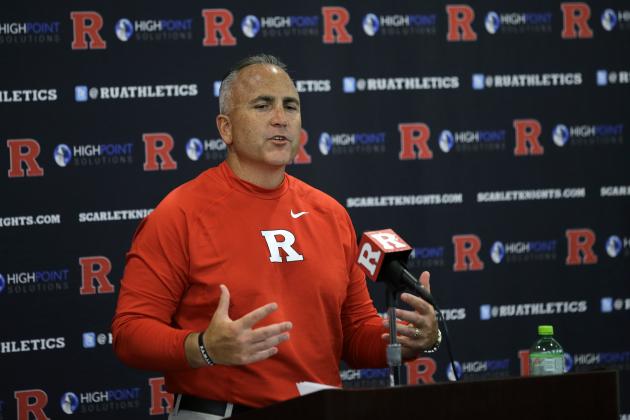 Rutgers head coach Kyle Flood addresses the media after his team defeated Norfolk State, 63-13 in an NCAA college football game Saturday, Sept. 5, 2015, in Piscataway, N.J. Leonte Carroo caught three third-quarter touchdown passes after sitting out a first-half suspension and set a school record as Rutgers overcame the distractions of an academic investigation involving coach Kyle Flood and the dismissal of five arrested players.  (AP Photo/Mel Evans)