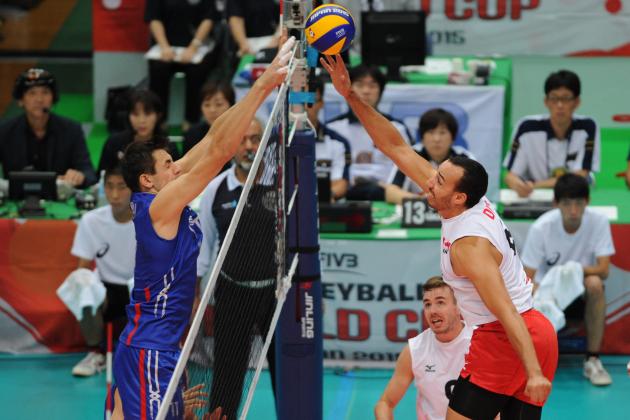 TOYAMA, JAPAN - SEPTEMBER 17:  Justin Duff of Canada attacks in the match between Canada and Russia during the FIVB Men's Volleyball World Cup Japan 2015 at the Toyama City Gymnasium on September 17, 2015 in Toyama, Japan.  (Photo by Masashi Hara/Getty Images for FIVB)