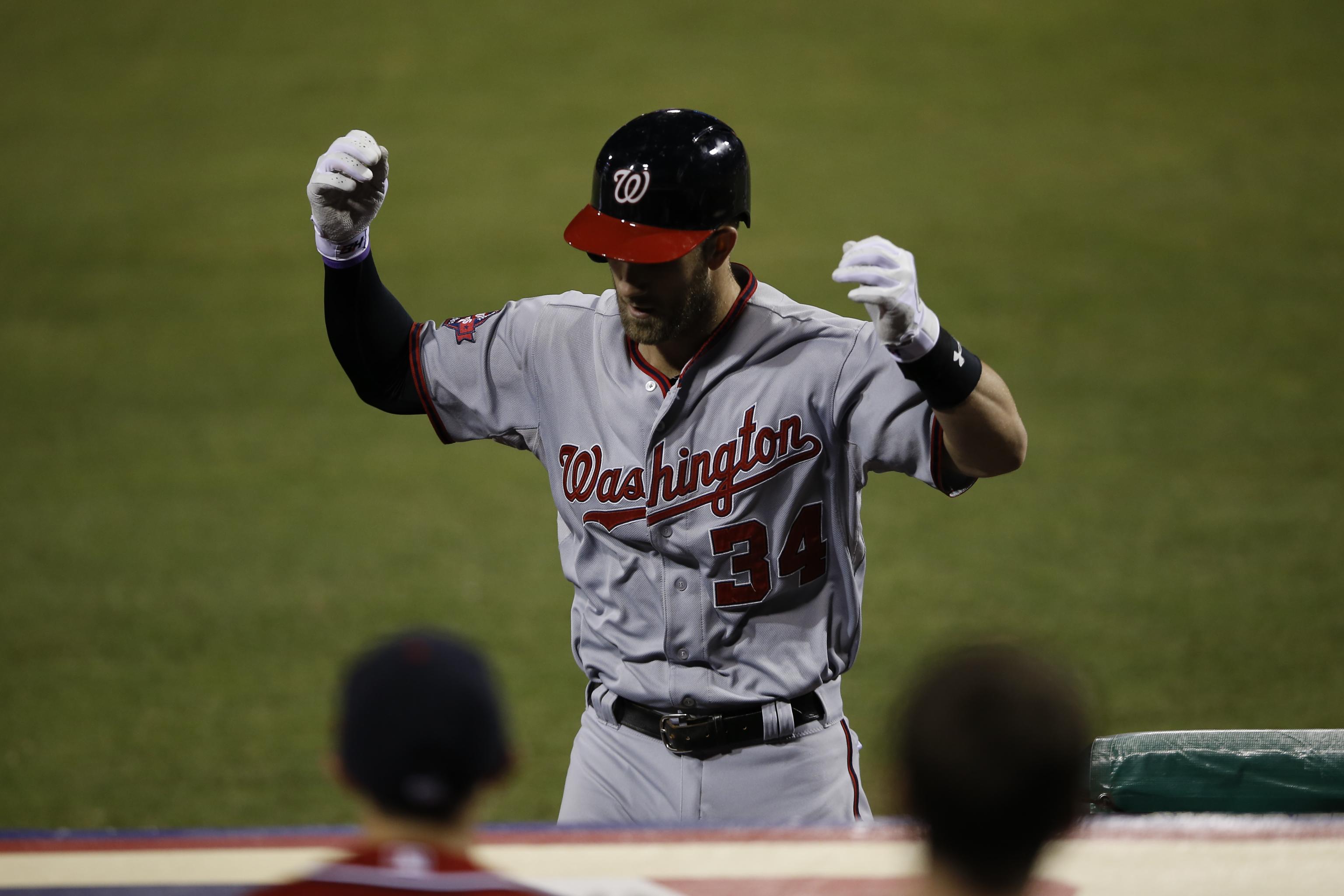 Washington Nationals left fielder Bryce Harper (34) warms up prior