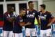 Sep 16, 2015; Foxborough, MA, USA; New England Revolution midfielder Diego Fagundez (14) celebrates with defender defender Jose Goncalves (23), forward Juan Agudelo (17) and midfielder Kelyn Rowe (11) during the first half against the New York Red Bulls at Gillette Stadium. Mandatory Credit: Greg M. Cooper-USA TODAY Sports