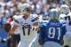 Sep 13, 2015; San Diego, CA, USA; San Diego Chargers quarterback Philip Rivers (17) looks to pass during the game against the Detroit Lions at Qualcomm Stadium. San Diego won 33-28. Mandatory Credit: Orlando Ramirez-USA TODAY Sports