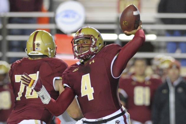 Nov 8, 2014; Boston, MA, USA; Boston College Eagles quarterback Darius Wade (4) pass the ball during the second half against the Louisville Cardinals at Alumni Stadium. Mandatory Credit: Bob DeChiara-USA TODAY Sports