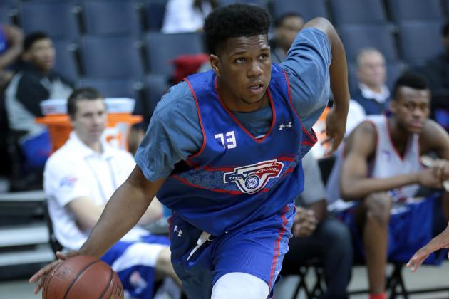 CHARLOTTESVILLE, VA - JUNE 18: Myles Powell #73 in blue drives to the basket during the NBPA Top 100 Camp on June 18, 2015 at John Paul Jones Arena in Charlottesville, Virginia. (Photo by Kelly Kline/Getty Images)