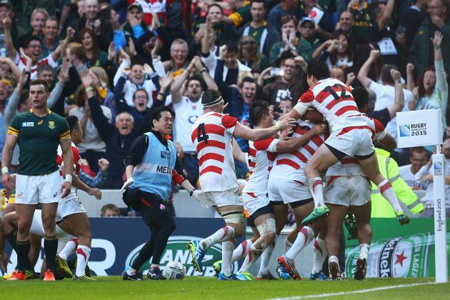 BRIGHTON, ENGLAND - SEPTEMBER 19:  Karne Hesketh of Japan (unseen) celebrates scoring he winning try during the 2015 Rugby World Cup Pool B match between South Africa and Japan at the Brighton Community Stadium on September 19, 2015 in Brighton, United Kingdom.  (Photo by Charlie Crowhurst/Getty Images)