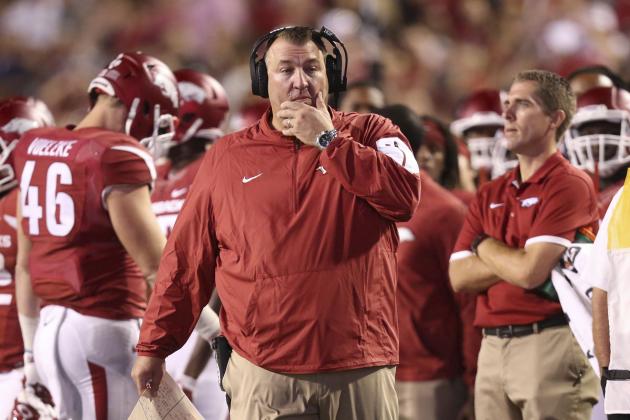 Sep 19, 2015; Fayetteville, AR, USA; Arkansas Razorbacks head coach Bret Bielema during the fourth quarter against the Texas Tech Red Raiders at Donald W. Reynolds Razorback Stadium. Texas Tech defeated Arkansas 35-24. Mandatory Credit: Nelson Chenault-USA TODAY Sports