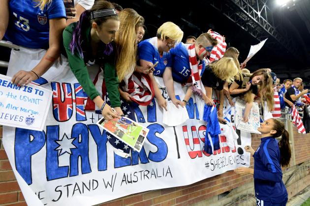DETROIT, MI - SEPTEMBER 17:  Alex Morgan #13 of the United States talks with fans after the U.S. Women's 2015 World Cup Victory Tour match against Haiti at Ford Field on September 17, 2015 in Detroit, Michigan. The U.S. defeated Haiti 5-0.  (Photo by Mark Cunningham/Getty Images)