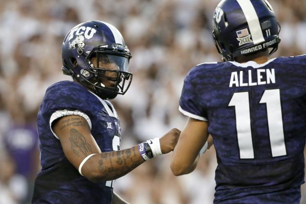 TCU quarterback Trevone Boykin, left, celebrates a touchdown with Zach Allen (11) in the first half of an NCAA college football game against SMU, Saturday, Sept. 19, 2015, in Fort Worth, Texas. (AP Photo/Tony Gutierrez)
