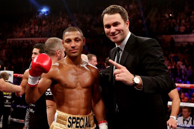 SHEFFIELD, ENGLAND - OCTOBER 20: Kell Brook celebrates his victory over Hector Saldivia with Eddie Hearn during their IBF Welterweight Title Eliminator fight on October 20, 2012 in Sheffield, England. (Photo by Scott Heavey/Getty Images)