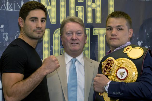 Super-Middleweight and WBA World Champion Fedor Chudinov of Russia, right,  poses with contender Frank Buglioni, left, and promoter Frank Warren ahead of a press conference to announce his upcoming fight in London, Monday, June, 15, 2015. Chudinov will fight Buglioni for the WBA Super-Middleweight championship in London, Friday, July 24. (AP Photo/Alastair Grant)