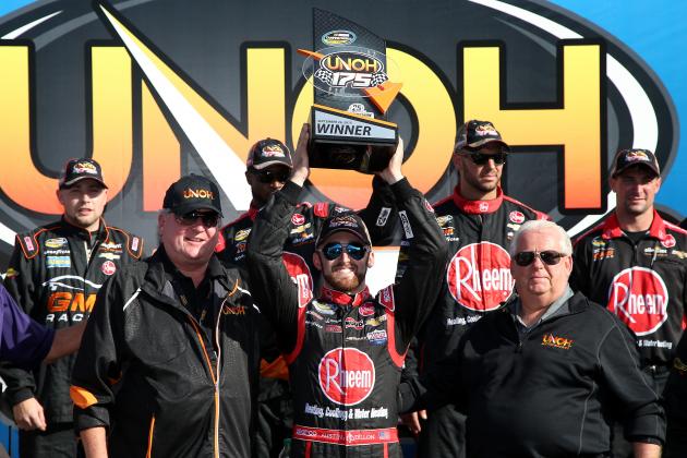 LOUDON, NH - SEPTEMBER 26: Austin Dillon, driver of the #33 Rheem Chevrolet, celebrates in Victory Lane after winning the NASCAR Camping World Truck Series UNOH 175 at New Hampshire Motor Speedway on September 26, 2015 in Loudon, New Hampshire. (Photo by Sean Gardner/Getty Images)