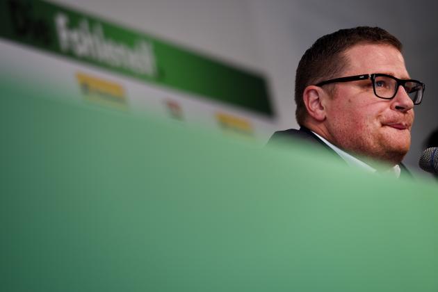 Max Eberl, managing director of German first division Bundesliga football club Borussia Moenchengladbach, gives a press conference on September 21, 2015 in Moenchengladbach, western Germany. The club announced that Andre Schubert, former coach of FC St Pauli, will take over as caretaker manager, as Gladbach seek to replace Lucien Favre following his shock resignation. AFP PHOTO / PATRIK STOLLARZ (Photo credit should read PATRIK STOLLARZ/AFP/Getty Images)