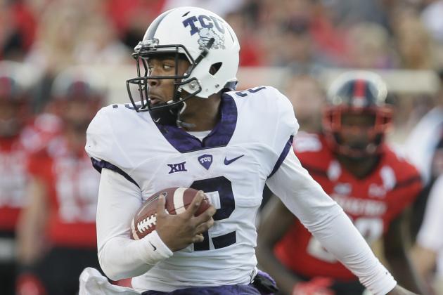 TCU quarterback Trevone Boykin (2) is grabbed by Texas Tech linebacker Pete Robertson (10) during the first second half of an NCAA college football game Saturday, Sept. 26, 2015, in Lubbock, Texas. (AP Photo/LM Otero)
