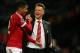 MANCHESTER, ENGLAND - SEPTEMBER 30: Chris Smalling of Manchester United who scored the winning goal gets congratulated by Louis van Gaal the head coach / manager of Manchester United at the end of the UEFA Champions League match between Manchester United and Wolfsburg at Old Trafford on September 30, 2015 in Manchester, United Kingdom. (Photo by Matthew Ashton - AMA/Getty Images)