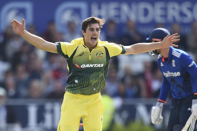 Australia's Pat Cummins (L) appeals successfully for the dismisal of England's Alex Hales (R) out lbw for 0 runs during the fourth one day international (ODI) cricket match between England and Australia at Headingley in Leeds, northern England, on September 11, 2015. AFP PHOTO / PAUL ELLIS

RESTRICTED TO EDITORIAL USE. NO ASSOCIATION WITH DIRECT COMPETITOR OF SPONSOR, PARTNER, OR SUPPLIER OF THE ECB        (Photo credit should read PAUL ELLIS/AFP/Getty Images)