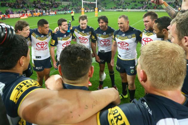 MELBOURNE, AUSTRALIA - SEPTEMBER 26:  Jonathan Thurston of the Cowboys talks to his team mates after winning the NRL Second Preliminary Final match between the Melbourne Storm and the North Queensland Cowboys at AAMI Park on September 26, 2015 in Melbourne, Australia.  (Photo by Quinn Rooney/Getty Images)