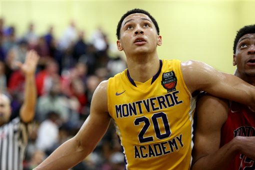 Montverde Academy's Ben Simmons #20 boxes out against Findlay Prep in the DICK'S Sporting Goods High School National Basketball Tournament on Friday, April  3, 2015 in Queens, NY.  (AP Photo/Gregory Payan)