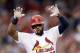 St. Louis Cardinals' Jason Heyward gestures toward the dugout after hitting an RBI double during the fifth inning of a baseball game against the San Diego Padres Thursday, July 2, 2015, in St. Louis. (AP Photo/Jeff Roberson)