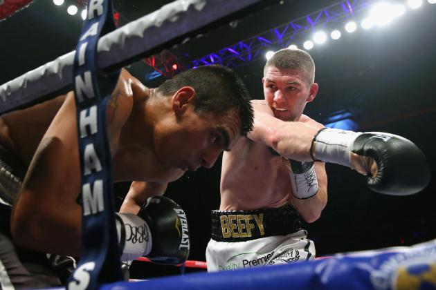 LIVERPOOL, ENGLAND - APRIL 18:  Liam Smith lands a right punch on David Ezequiel Romero during the Vacant WBO Intercontinental Light-Middleweight Championship fight between Liam Smith and David Ezequiel Romero at the World Championship boxing event at Echo Arena on April 18, 2015 in Liverpool, England.  (Photo by Alex Livesey/Getty Images)