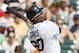Detroit Tigers' Rajai Davis flies out during the fourth inning of a baseball game against the Tampa Bay Rays at Comerica Park Monday, Sept. 7, 2015, in Detroit. (AP Photo/Duane Burleson)