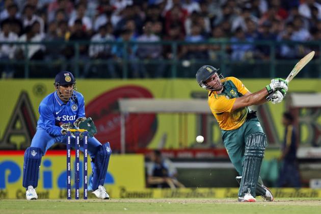 South Africa's AB de Villiers misses the ball to be clean bowled by India's Ravichandran Ashwin during their first Twenty20 cricket match in Dharmsala, India, Friday, Oct. 2, 2015. (AP Photo /Tsering Topgyal)