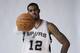 San Antonio Spurs' LaMarcus Aldridge (12) poses for photos during media day at the team's practice facility, Monday, Sept. 28, 2015, in San Antonio. (AP Photo/Eric Gay)