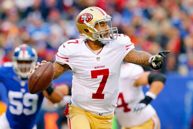 EAST RUTHERFORD, NJ - NOVEMBER 16: (NEW YORK DAILIES OUT) Colin Kaepernick #7 of the San Francisco 49ers in action against the New York Giants on November 16, 2014 at MetLife Stadium in East Rutherford, New Jersey. The 49ers defeated the Giants 16-10. (Photo by Jim McIsaac/Getty Images)