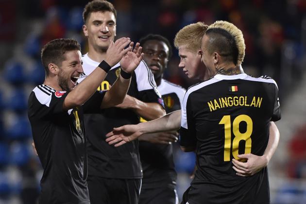 Belgium's midfielder Kevin De Bruyne (2ndR) celebrates with teammates after scoring a goal during the Euro 2016 qualifying group D football match between Andorra and Belgium on October 10, 2015 at Municipal Stadium in Andorra La Vella. AFP PHOTO PASCAL PAVANI        (Photo credit should read PASCAL PAVANI/AFP/Getty Images)
