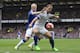 Everton's Steven Naismith, left, fights for the ball against Chelsea's Branislav Ivanovic during the English Premier League soccer match between Everton and Chelsea at Goodison Park Stadium, Liverpool, England, Saturday Sept. 12, 2015. (AP Photo/Jon Super)