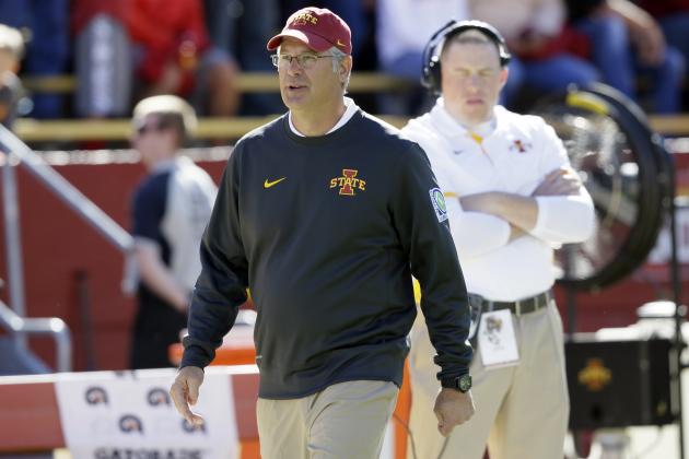 Iowa State head coach Paul Rhoads walks on the field before an NCAA college football game against Kansas, Saturday, Oct. 3, 2015, in Ames, Iowa. (AP Photo/Charlie Neibergall)