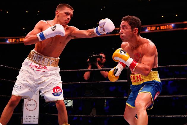 GLENDALE, AZ - OCTOBER 14:  Lee Selby (L) throws a left on Fernando Montiel during the IBF featherweight championship title bout at Gila River Arena on October 14, 2015 in Glendale, Arizona.  (Photo by Christian Petersen/Getty Images)