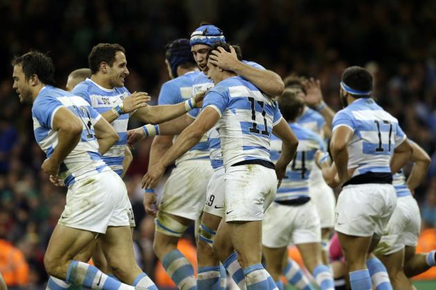 Argentina players celebrate winning the Rugby World Cup quarterfinal match between Ireland and Argentina at the Millennium Stadium, Cardiff, Sunday, Oct. 18, 2015. Argentina won the match 20-43. (AP Photo/Tim Ireland)