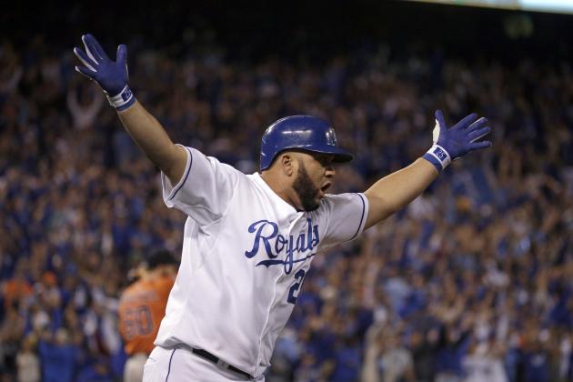 Kansas City Royals' Kendrys Morales reacts after hitting a three-run home run during the eighth inning of Game 5 in baseball's American League Division Series against the Houston Astros, Wednesday, Oct. 14, 2015, in Kansas City, Mo. (AP Photo/Charlie Riedel)