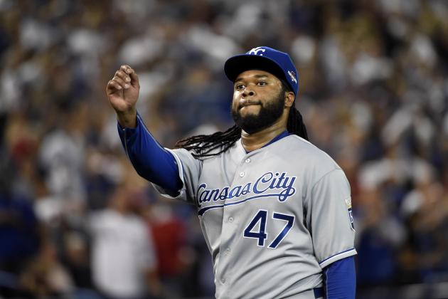 Oct 19, 2015; Toronto, Ontario, CAN; Kansas City Royals starting pitcher Johnny Cueto (47) reacts during the third inning against the Toronto Blue Jays in game three of the ALCS at Rogers Centre. Mandatory Credit: Peter Llewellyn-USA TODAY Sports
