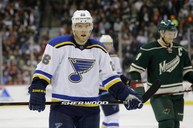 St. Louis Blues center Paul Stastny (26) gets into position for a face-off during the second period of Game 3 of an NHL hockey first-round playoff series game against the Minnesota Wild in St. Paul, Minn., Monday, April 20, 2015. (AP Photo/Ann Heisenfelt)