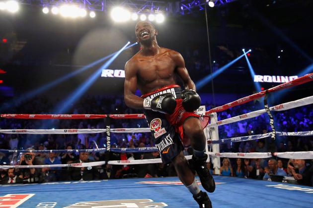 ARLINGTON, TX - APRIL 18:  Terence Crawford lands celebrates after beating Thomas Dulorme of Puerto Rico in the sixth round in their WBO Jr. Welterweight Title Bout on April 18, 2015 in Arlington, Texas.  (Photo by Tom Pennington/Getty Images)