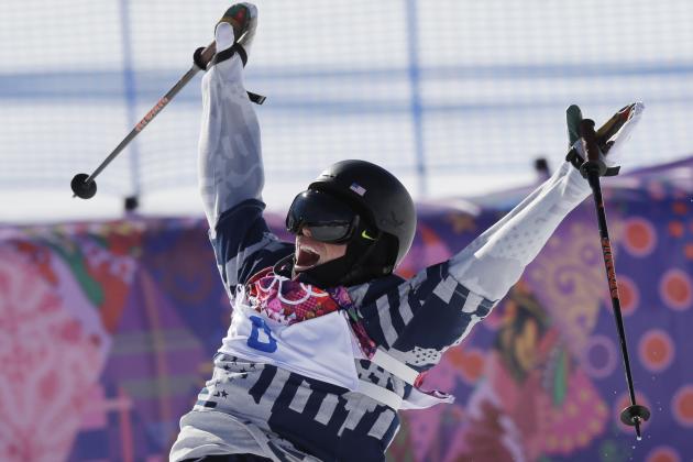 Gus Kenworthy of the United States celebrates at the end of his second run in the men's ski slopestyle final at the Rosa Khutor Extreme Park at the 2014 Winter Olympics, Thursday, Feb. 13, 2014, in Krasnaya Polyana, Russia. Kenworthy took the silver medal. (AP Photo/Andy Wong)