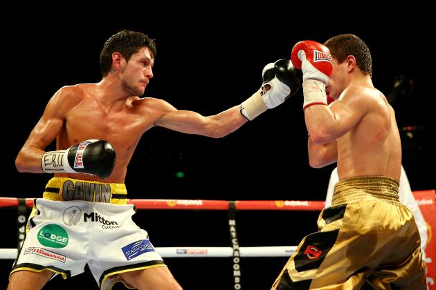 SHEFFIELD, ENGLAND - MARCH 28:  Gavin McDonnell (L) of Great Britain fights Oleksandr Yegorov (R) of Ukraine during the vacant european super Bantamweight championship fight at Motorpoint Arena on March 28, 2015 in Sheffield, England.  (Photo by Richard Heathcote/Getty Images)