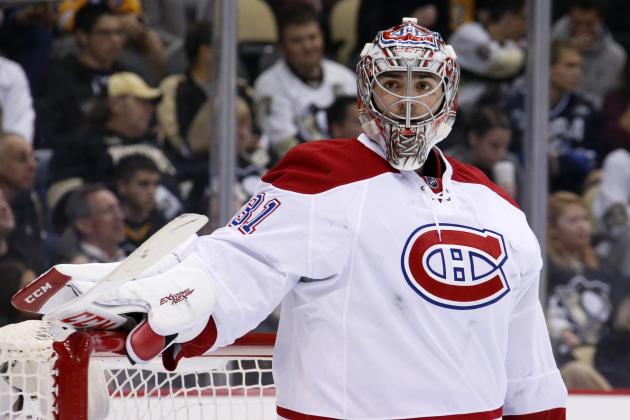 Montreal Canadiens goalie Carey Price (31) plays during an NHL hockey game against the Pittsburgh Penguins in Pittsburgh Tuesday, Oct. 13, 2015.(AP Photo/Gene J. Puskar