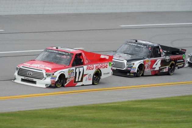 Oct 24, 2015; Talladega, AL, USA; Camping World Truck Series driver Timothy Peters (17) leads Chase Miller (4) during the Fred's 250 presented by Coca-Cola at Talladega Superspeedway. Mandatory Credit: Glenn Andrews-USA TODAY Sports