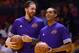 Oct 17, 2015; San Diego, CA, USA; Los Angeles Lakers forward Ryan Kelly (left) and guard Jordan Clarkson (6) talk before the game against the Golden State Warriors at Valley View Casino Center. Mandatory Credit: Jake Roth-USA TODAY Sports