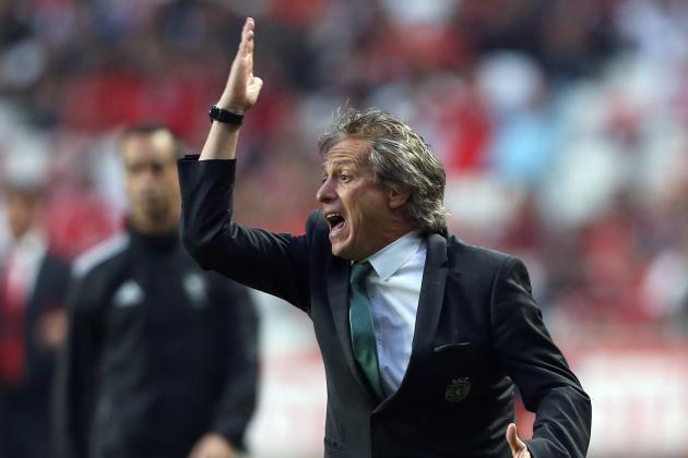 Sporting’s coach Jorge Jesus, reacts during a Portuguese league soccer match against Benfica at Benfica's Luz stadium in Lisbon, Sunday, Oct. 25, 2015. Jesus, who coached Benfica for the past six years, is now the Lisbon's rival team coach. (AP Photo/Steven Governo)