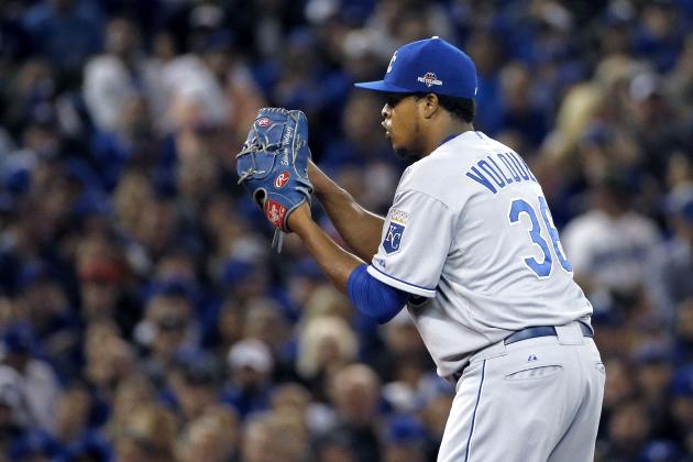Kansas City Royals starting pitcher Edinson Volquez throws against the Toronto Blue Jays during the second inning in Game 5 of baseball's American League Championship Series on Wednesday, Oct. 21, 2015, in Toronto. (AP Photo/Matt Slocum)