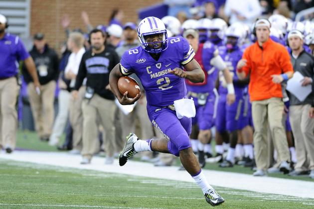 Oct 24, 2015; Harrisonburg, VA, USA; James Madison Dukes quarterback Vad Lee (2) rushes the ball against the Richmond Spiders during the second half at Bridgeforth Stadium. Mandatory Credit: Brad Mills-USA TODAY Sports
