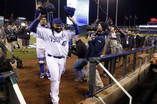 Kansas City Royals pitcher Johnny Cueto celebrates after Game 2 of the Major League Baseball World Series against the New York Mets Wednesday, Oct. 28, 2015, in Kansas City, Mo. The Royals won 7-1 to take a 2-0 lead in the series. (AP Photo/David J. Phillip)