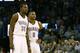 OKLAHOMA CITY, OK - OCTOBER 18: Kevin Durant #35 and Russell Westbrook #0 of the Oklahoma City Thunder talk during the first quarter of a NBA preseason game against at the Chesapeake Energy Arena on October 18, 2015 in Oklahoma City, Oklahoma. NOTE TO USER: User expressly acknowledges and agrees that, by downloading and or using this photograph, User is consenting to the terms and conditions of the Getty Images License Agreement. (Photo by J Pat Carter/Getty Images)