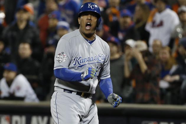 Kansas City Royals' Salvador Perez reacts after hitting an RBI single during the eighth inning of Game 4 of the Major League Baseball World Series against the New York Mets Saturday, Oct. 31, 2015, in New York. (AP Photo/Matt Slocum)