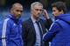 Chelsea's Portuguese manager Jose Mourinho (2nd L) stands with his coaching staff (L-R) Jose Morais, Rui Faria and Steve Holland, on the pitch after during the English Premier League football match between Chelsea and Liverpool at Stamford Bridge in London on October 31, 2015. Liverpool won the game 3-1. AFP PHOTO / IAN KINGTON
RESTRICTED TO EDITORIAL USE. No use with unauthorized audio, video, data, fixture lists, club/league logos or 'live' services. Online in-match use limited to 75 images, no video emulation. No use in betting, games or single club/league/player publications. (Photo credit should read IAN KINGTON/AFP/Getty Images)