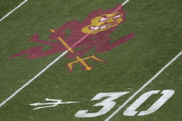 TEMPE, AZ - OCTOBER 19:  The Arizona State Sun Devils logo is displayed on the field during the college football game against the Washington Huskies at Sun Devil Stadium on October 19, 2013 in Tempe, Arizona.  The Sun Devils defeated the Huskies 53-24.  (Photo by Christian Petersen/Getty Images)